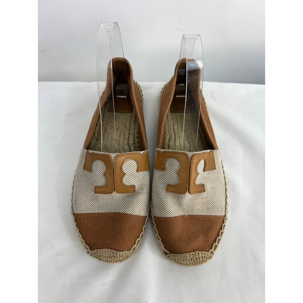Tory Burch Espadrille Flats Tan & Cream Canvas Slip-On Shoes Size 8M